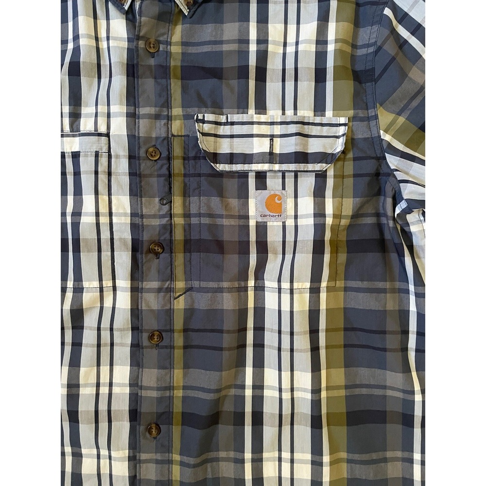 Carhartt RCE Men's Short Sleeve Sz L Button Blue Plaid Relax Fit Side Zip Pocket - Picture 2 of 8
